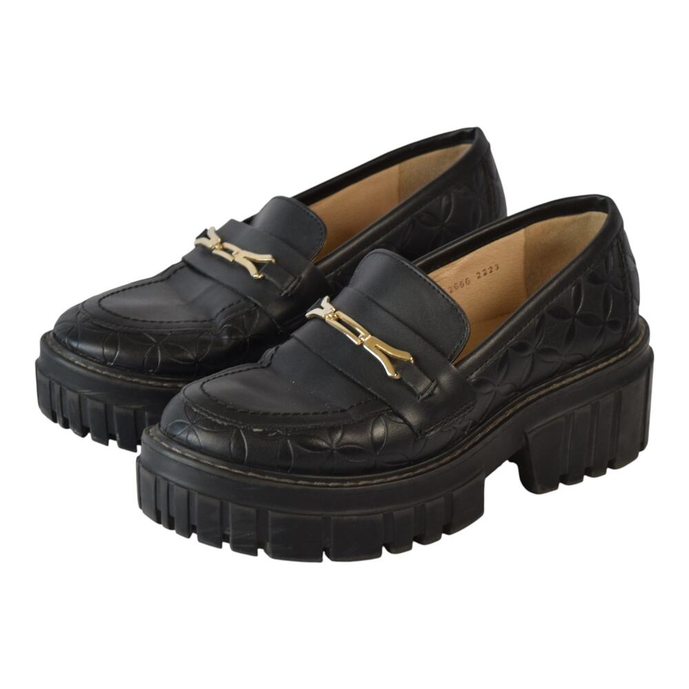 Black Leather Chunky Loafers Gold Bit Size 5.5
